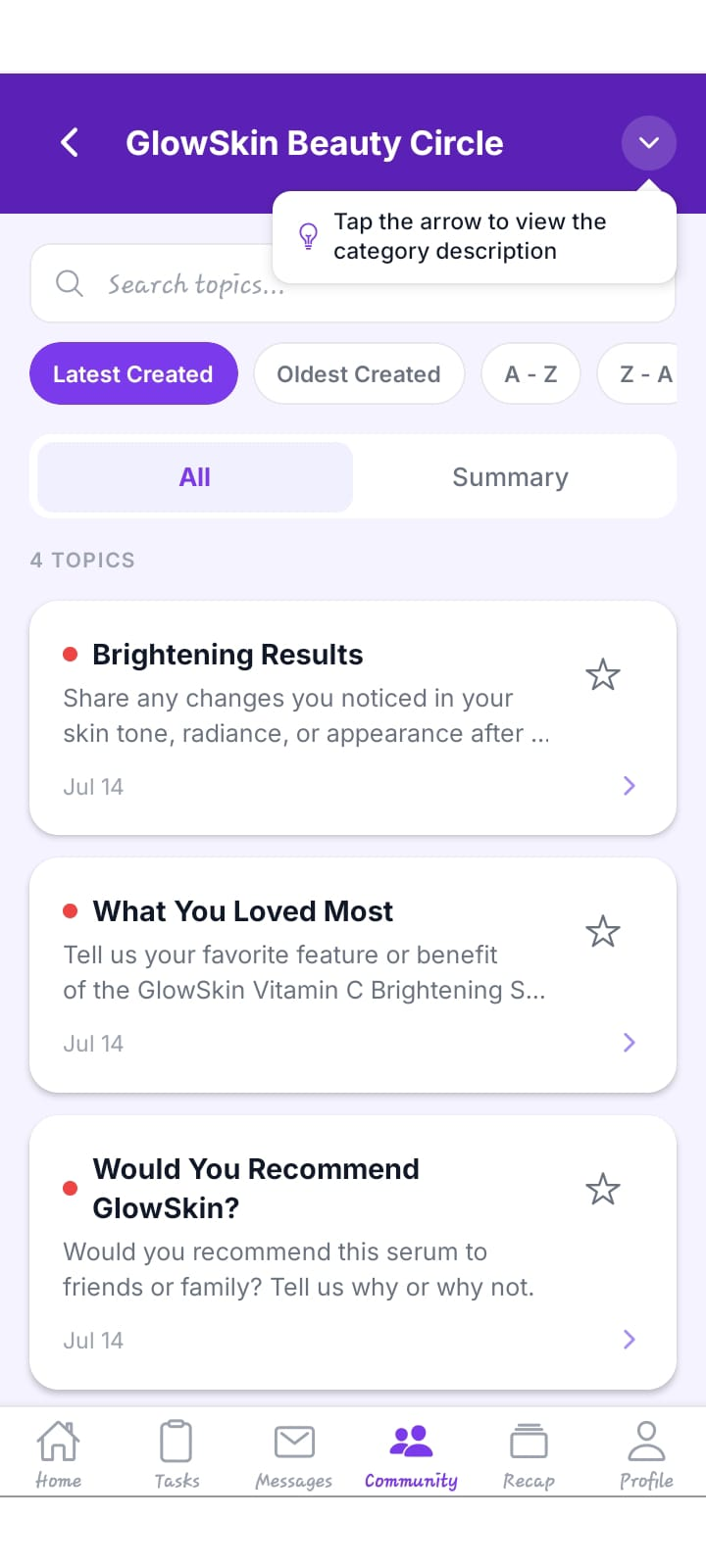 Mobile list of discussion topics with search, sorting options, and a conversation summary view