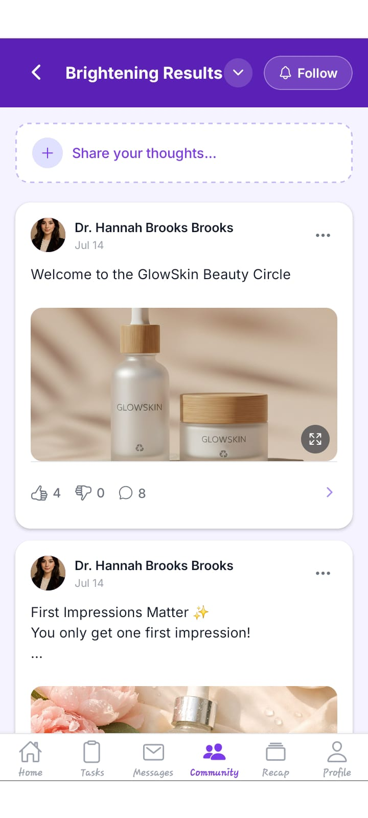 Mobile topic feed where insight community members post, react, comment, and follow updates