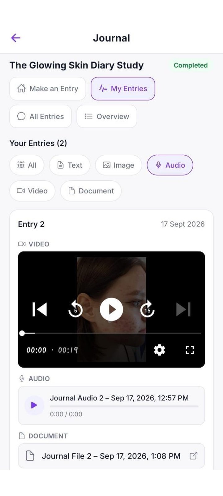 Multimedia diary entry on mobile with a video clip, an audio recording, and an attached document