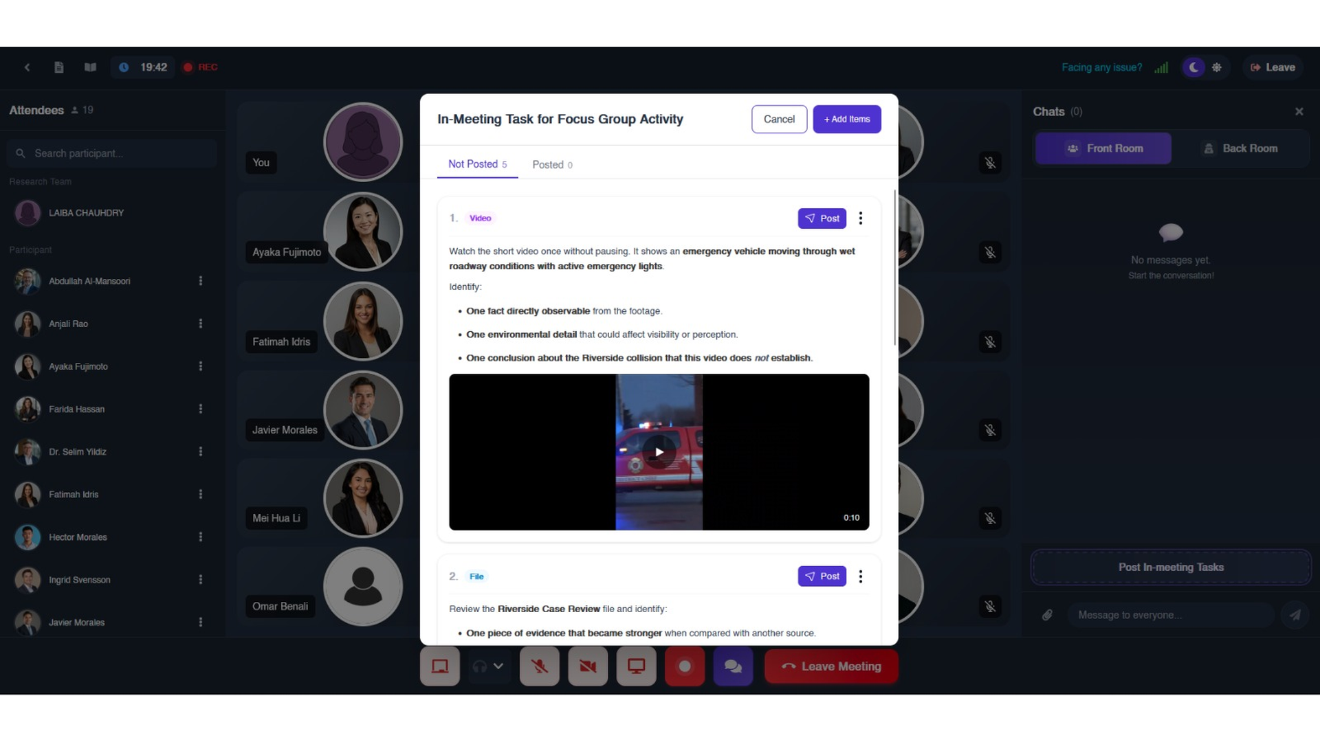 Video and file tasks shared with insight community members during a live online session