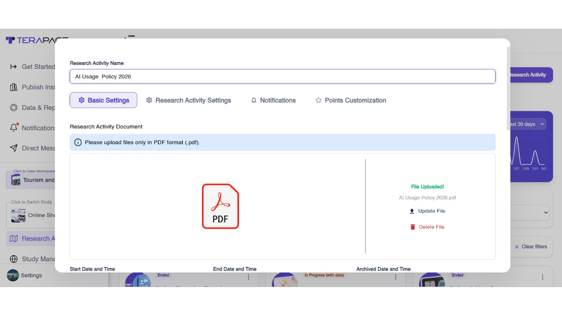 Document Review Activity setup screen with a PDF upload for collecting structured insight community feedback