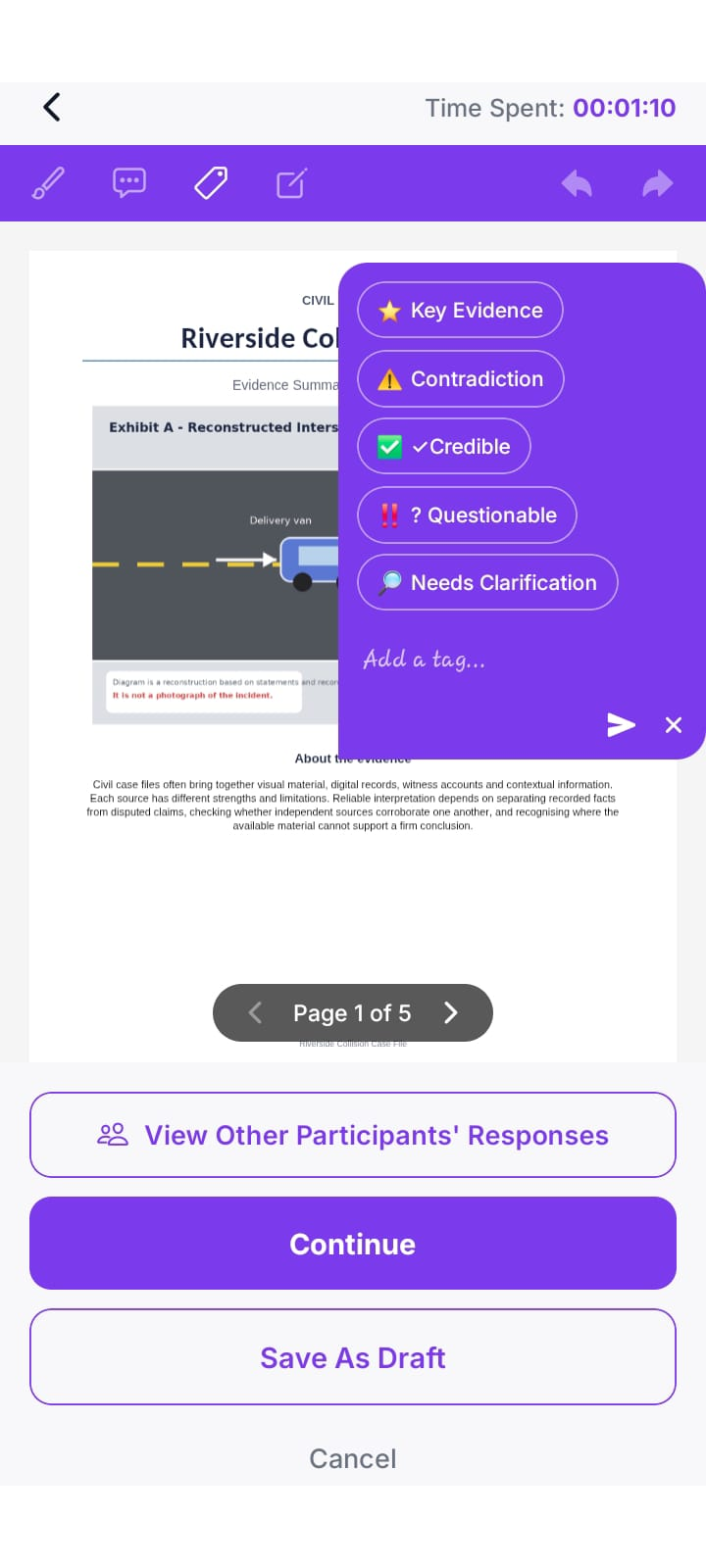 Member tagging sections of a document on mobile with labels such as key evidence, contradiction, and needs clarification