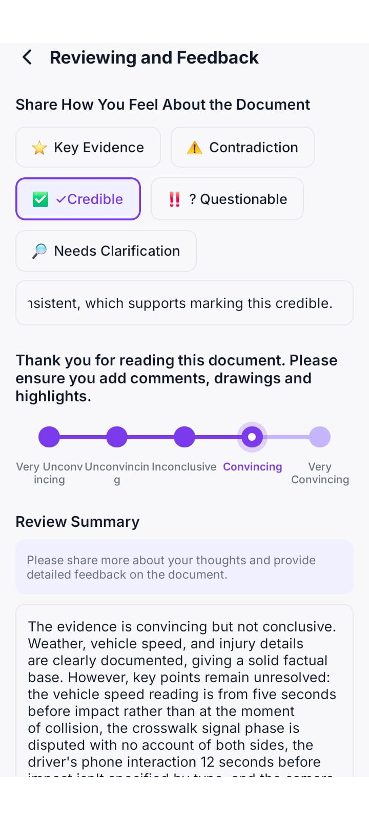 Document rating scale from very unconvincing to very convincing with a written review summary on mobile