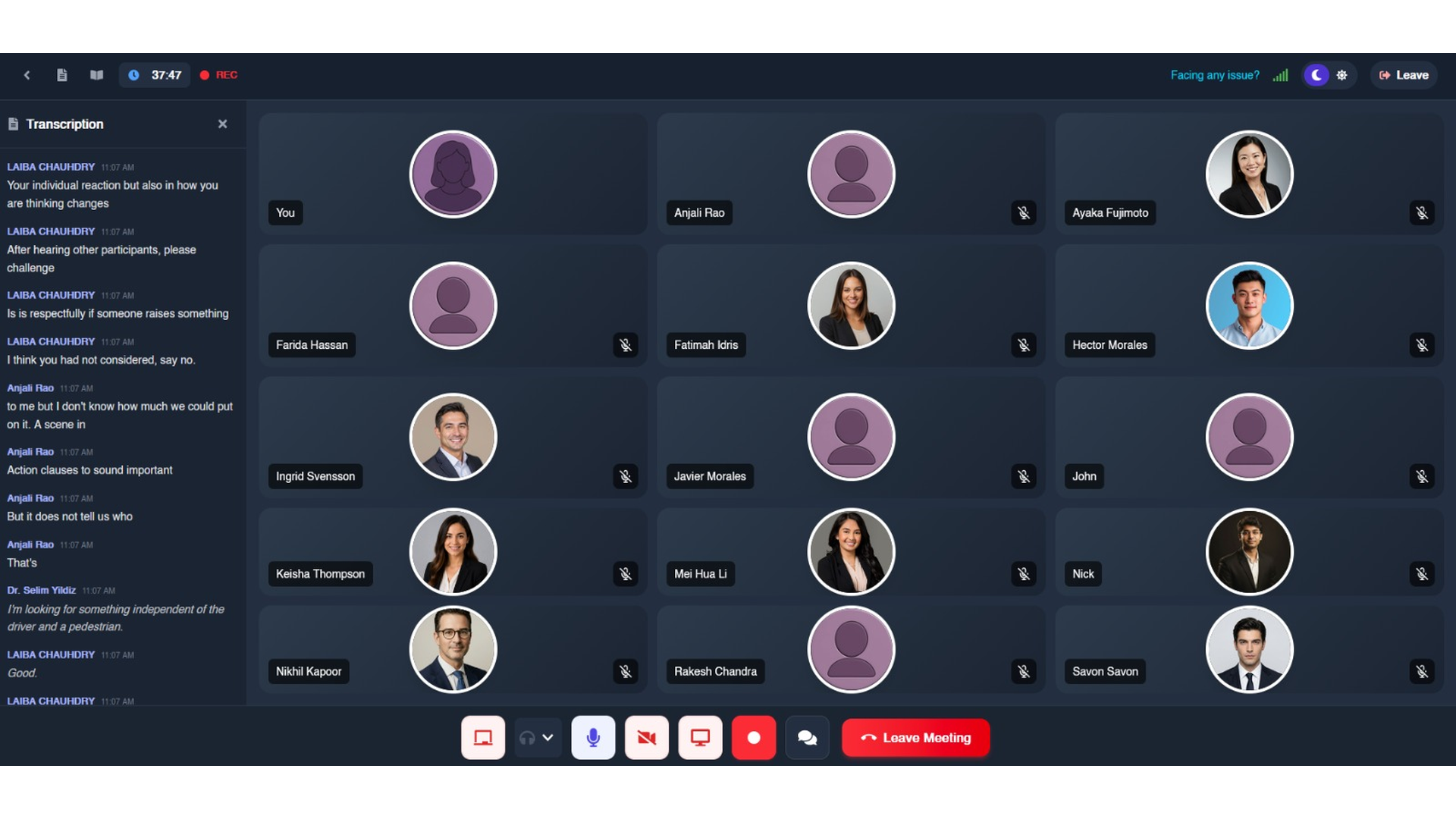 Real-time transcription panel creating a searchable record of a live community discussion