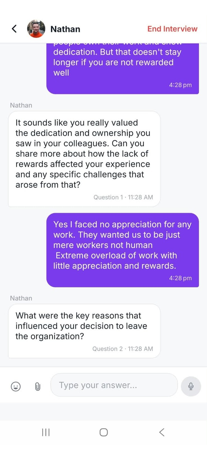 AI-moderated chat interview on mobile recontacting a community member with adaptive follow-up questions