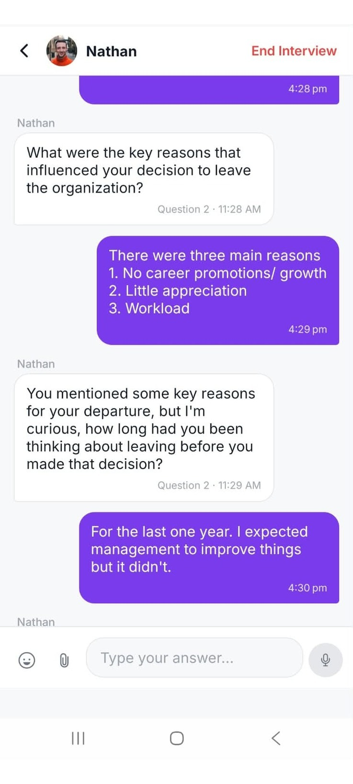 AI moderator probing on mobile to explore the reasons behind a member's answer