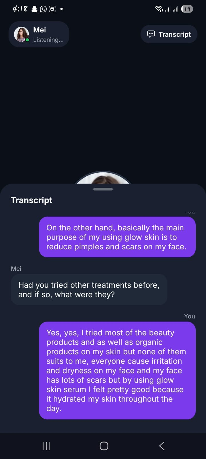 Voice interview transcript on mobile linking a member's spoken answers to AI follow-up questions