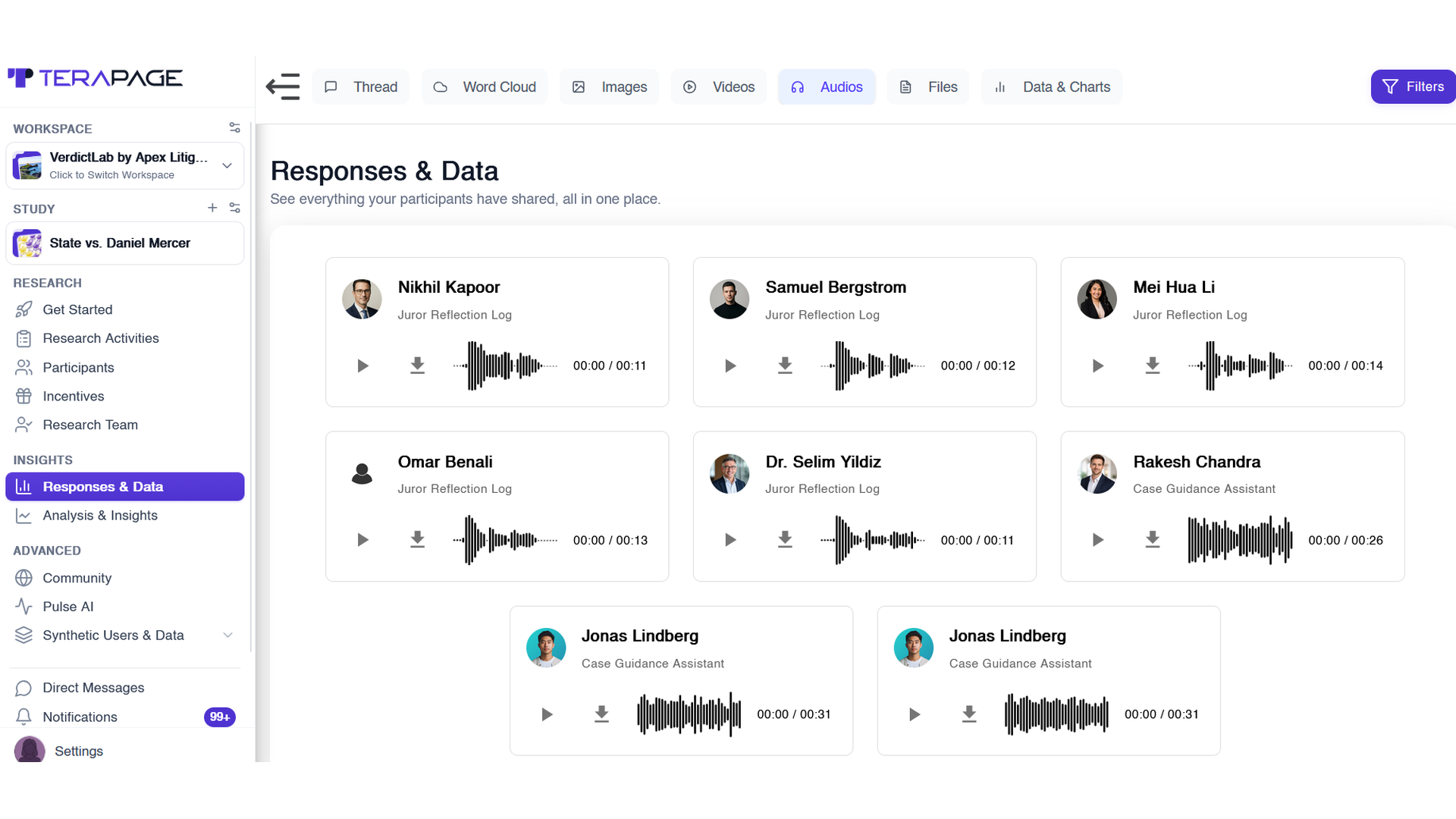 Responses and Data view keeping every insight community member's audio feedback in one place