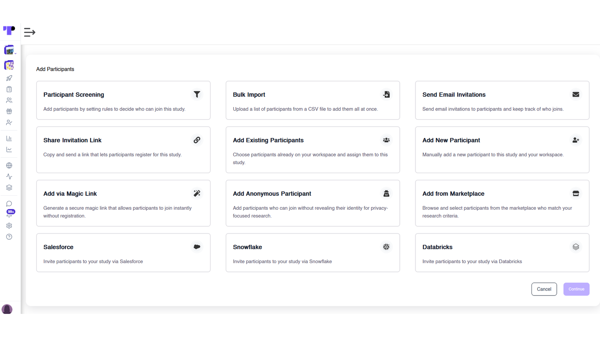 Onboarding options for adding insight community members by email invitation, magic link, bulk import, marketplace, Salesforce, Snowflake, or Databricks