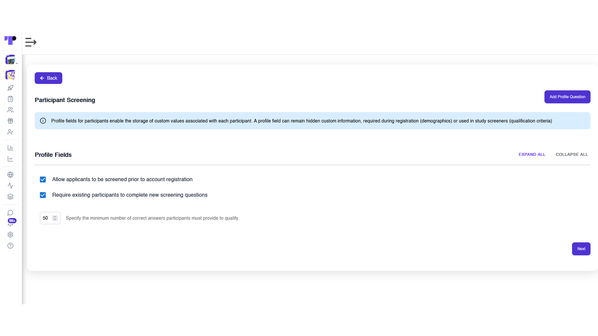 Participant screening settings with profile fields, pre-registration screening, and a minimum qualifying score for an insight community