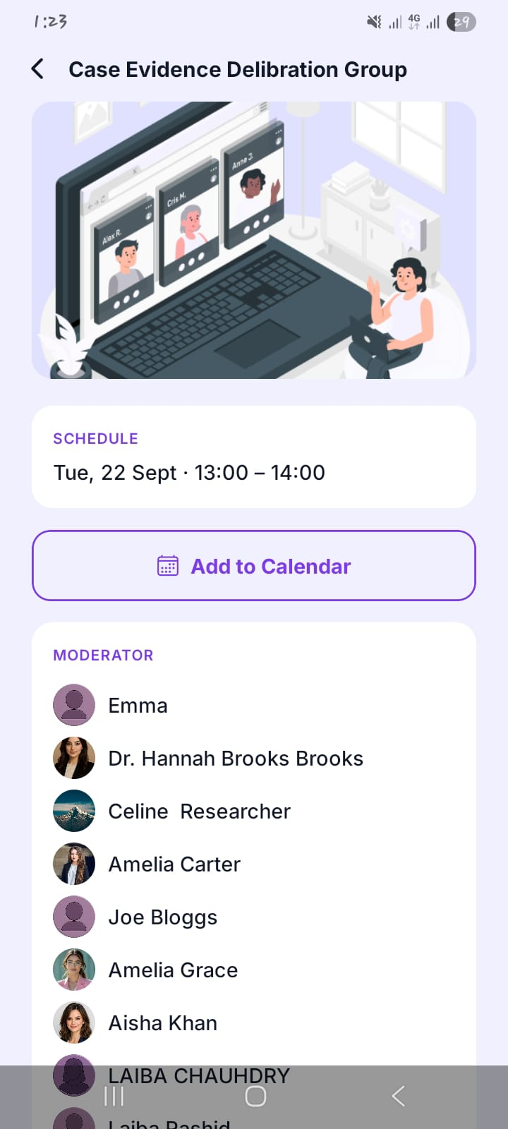 Mobile app screen showing an upcoming insight community session with its schedule and an Add to Calendar button