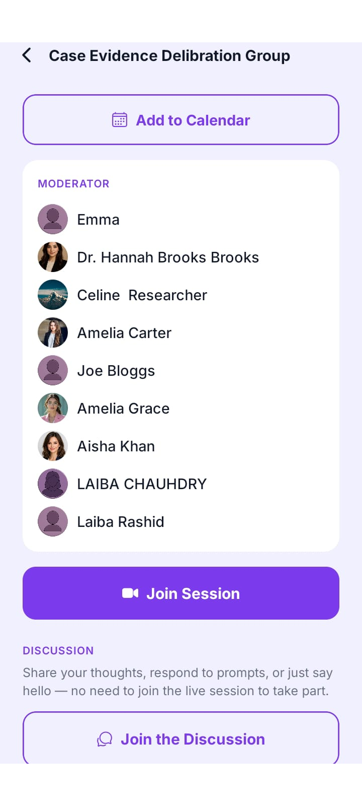Mobile app screen where insight community members can join a live session or join the discussion