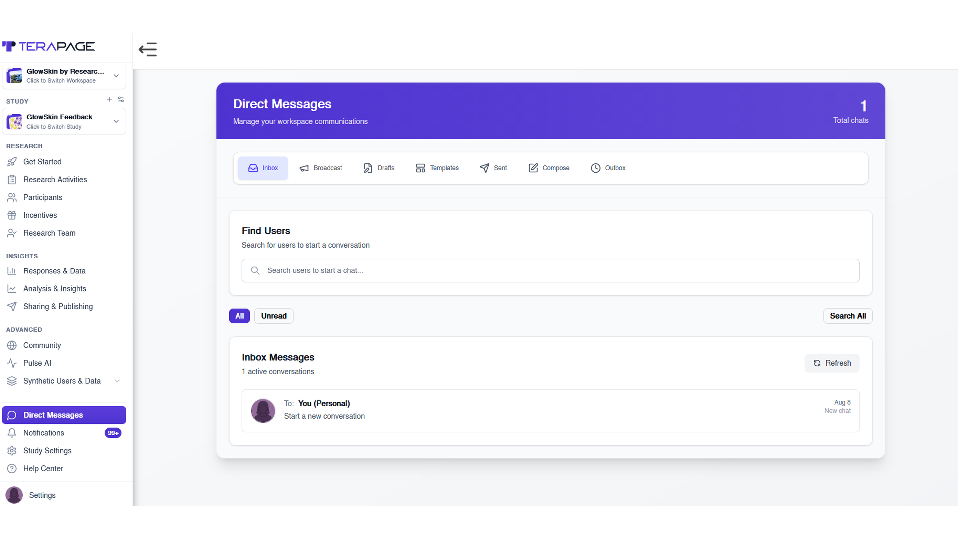 Direct Messages inbox for one-to-one chats and broadcast messages to insight community members