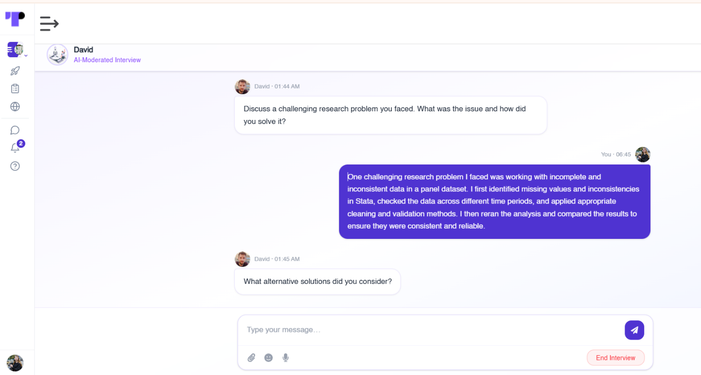 Candidate answering in an AI-moderated chat interview while the AI moderator asks a follow-up question