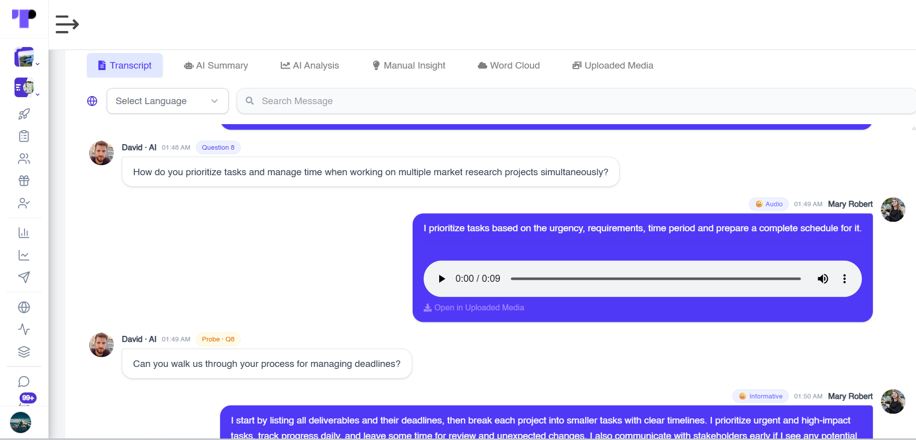 Full transcript of a candidate interview with audio answers available for review