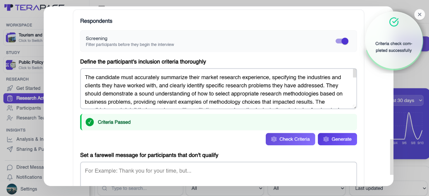 Screening settings where a recruiter defines candidate inclusion criteria, checks them and sets a farewell message for candidates who do not qualify