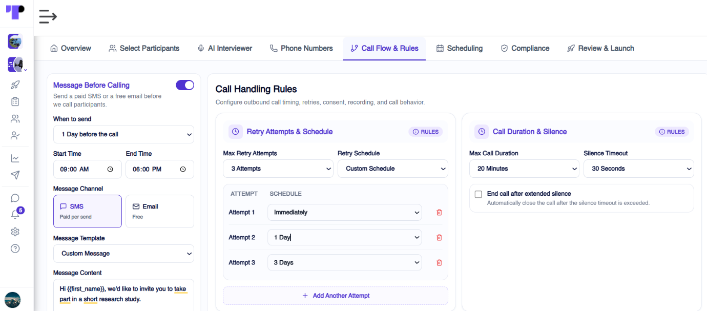 CATI call flow settings with pre-call SMS alerts, number of call attempts, and maximum call duration