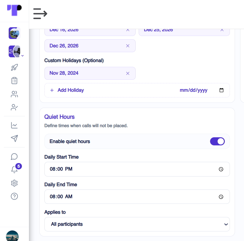 Quiet hours settings that control when AI-moderated interview calls are placed
