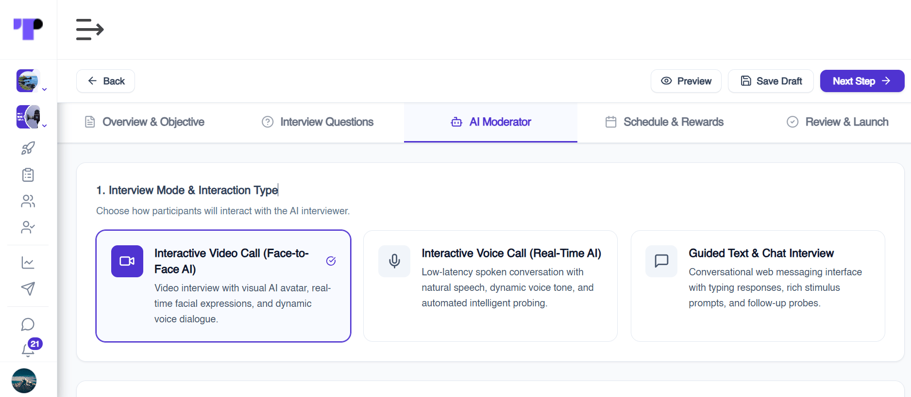 AI moderator set-up screen on Terapage with interview mode options: interactive video call, interactive voice call and guided text and chat interview