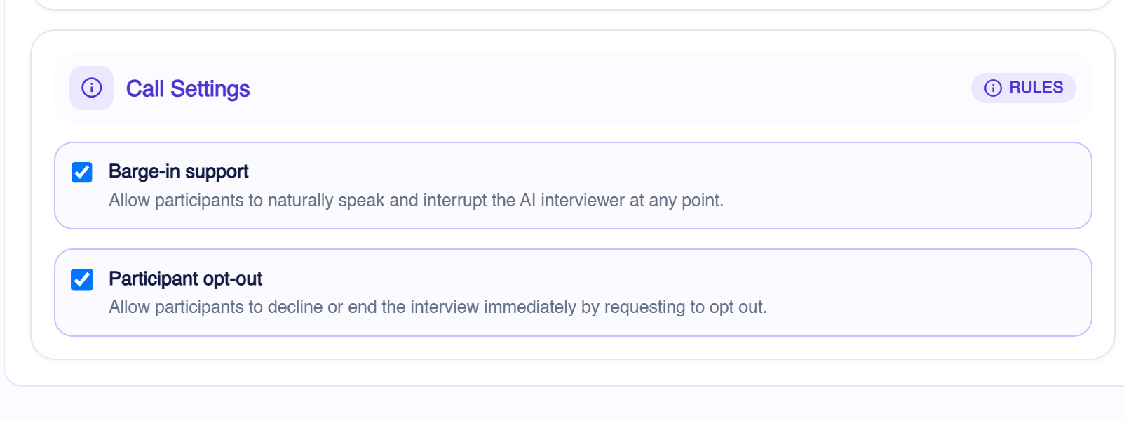 Conversational AI phone interview settings for barge-in, interruptions, and opting out