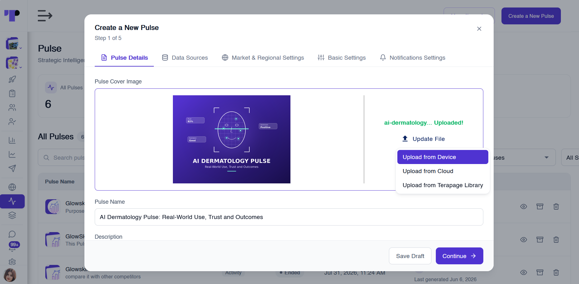 Create a New Pulse step 1 with a cover image uploaded and the Pulse name AI Dermatology Pulse entered