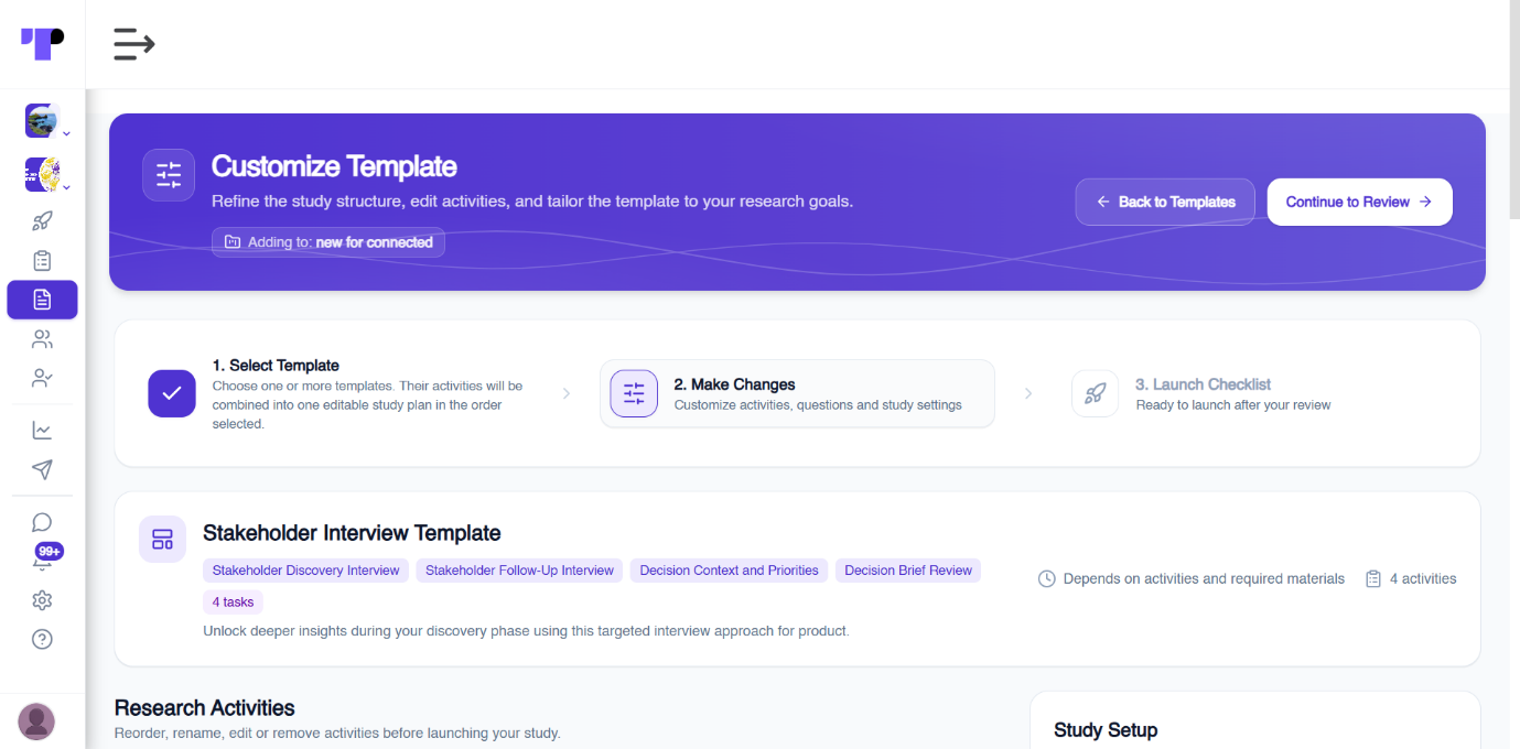 Customize Template screen in Terapage with select template, make changes and launch checklist steps for a stakeholder interview template