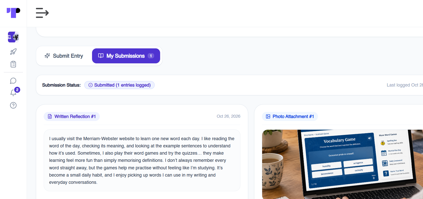 Journal or diary study in a Terapage workspace showing a participant’s written reflection and photo attachment about using a vocabulary app