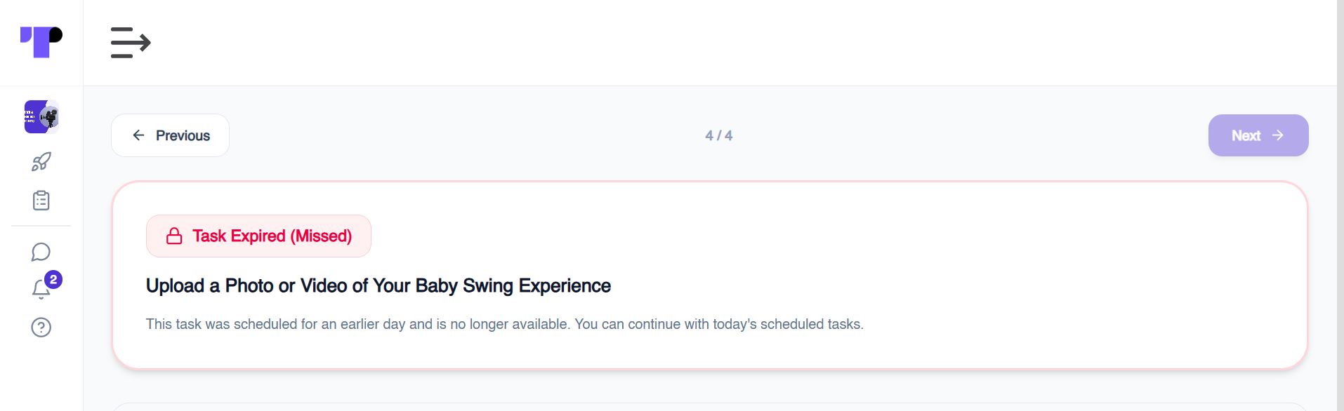 Task Expired (Missed) notice in a Terapage diary study for a baby swing photo or video upload task
