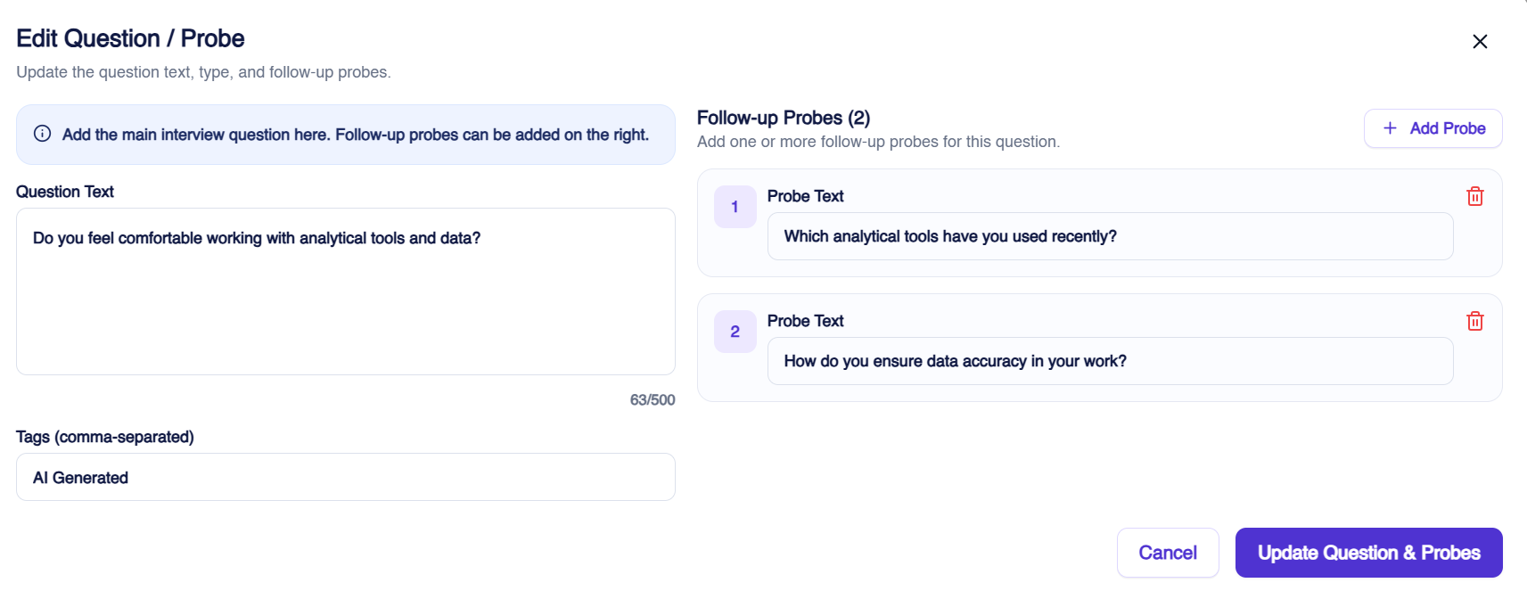 Editing an AI-generated interview question and its follow-up probes