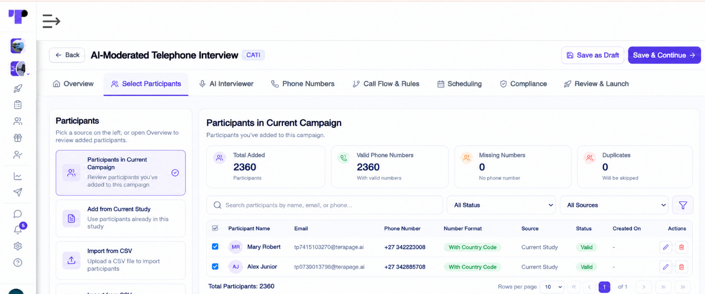 Selecting existing participants for qualitative research through an AI-moderated telephone interview
