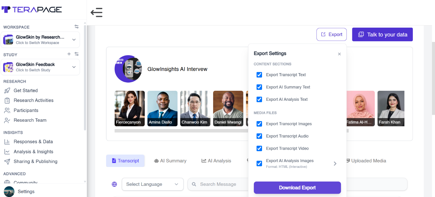 Export settings for transcripts, AI summaries, AI analysis and media files
