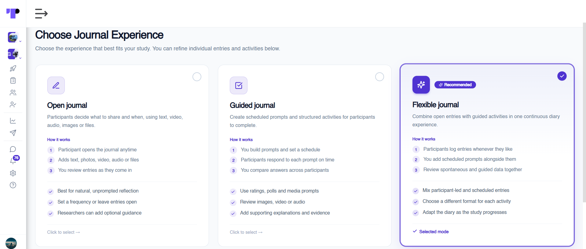 Choose Journal Experience screen in Terapage with the recommended Flexible journal mode selected