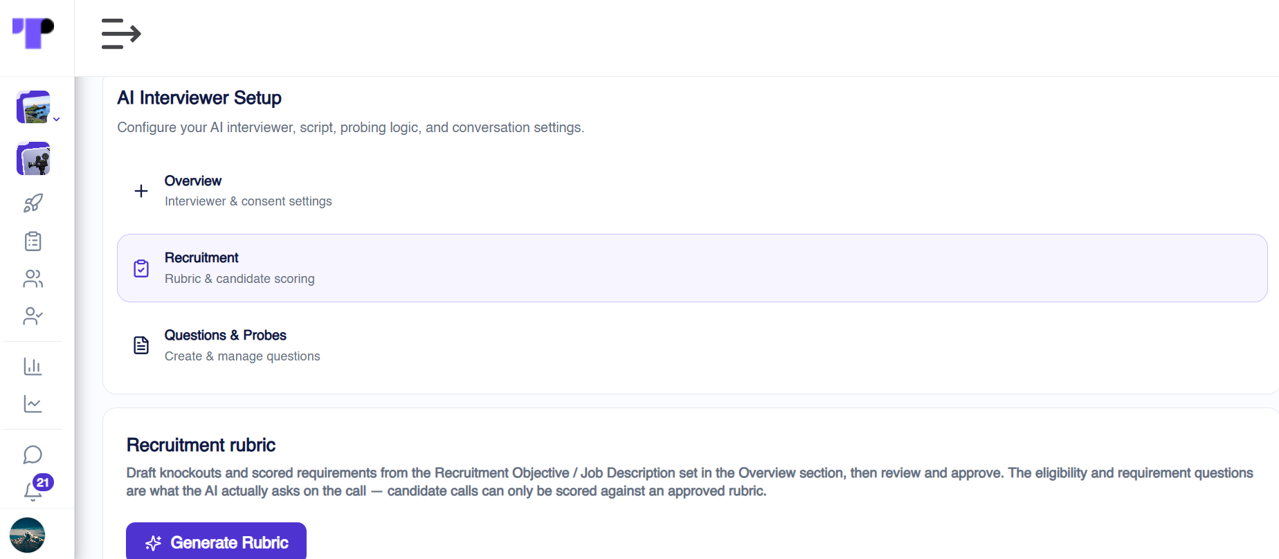 AI interviewer setup screen with the option to generate a recruitment rubric for candidate scoring