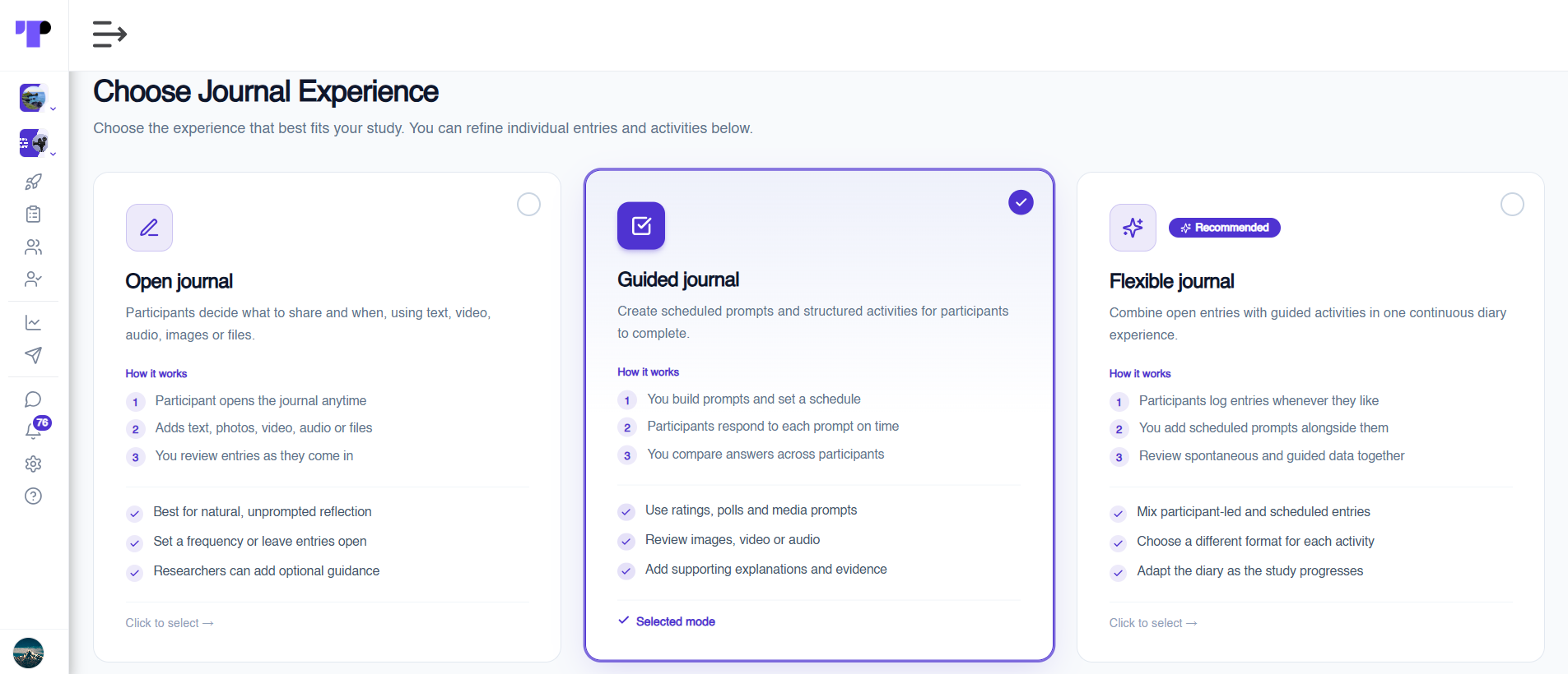 Choose Journal Experience screen in Terapage with the Guided journal mode selected