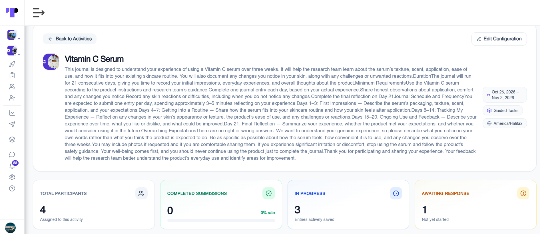 Guided journal dashboard for a vitamin C serum study in Terapage showing the activity description, study duration and participant responses