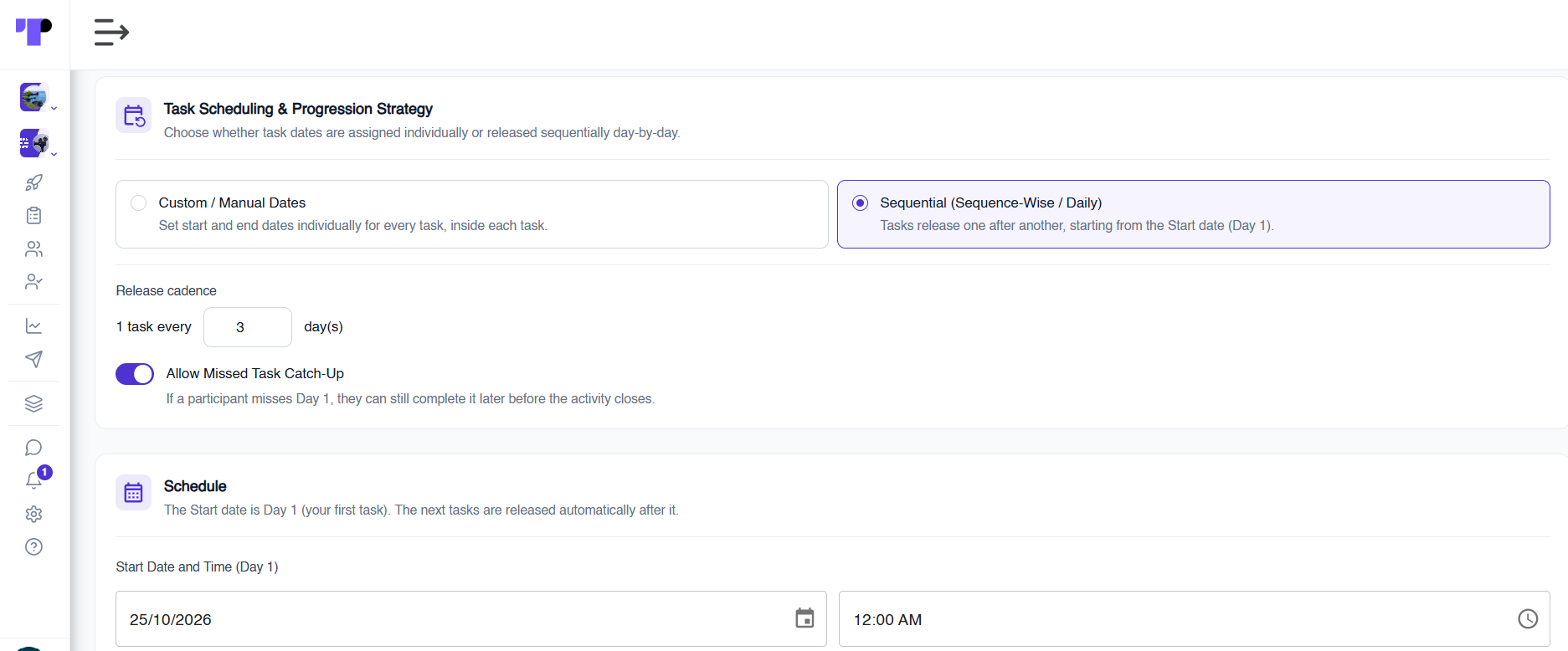Task scheduling and progression strategy in a Terapage guided journal with release cadence, missed task catch-up toggle and start date