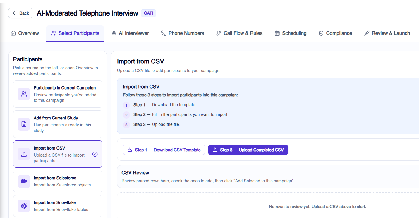 Researcher importing a participant list for AI-moderated telephone interviews (CATI) in Terapage