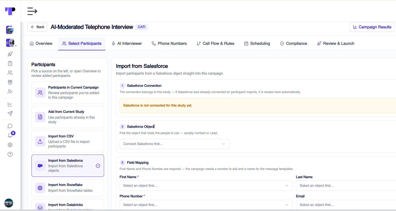 Importing participants from Salesforce into an AI-moderated telephone interview with field mapping