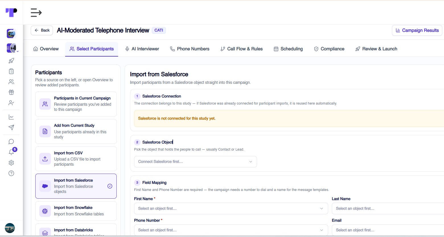 Importing participants from Salesforce, Snowflake, and Databricks for AI-moderated telephone research