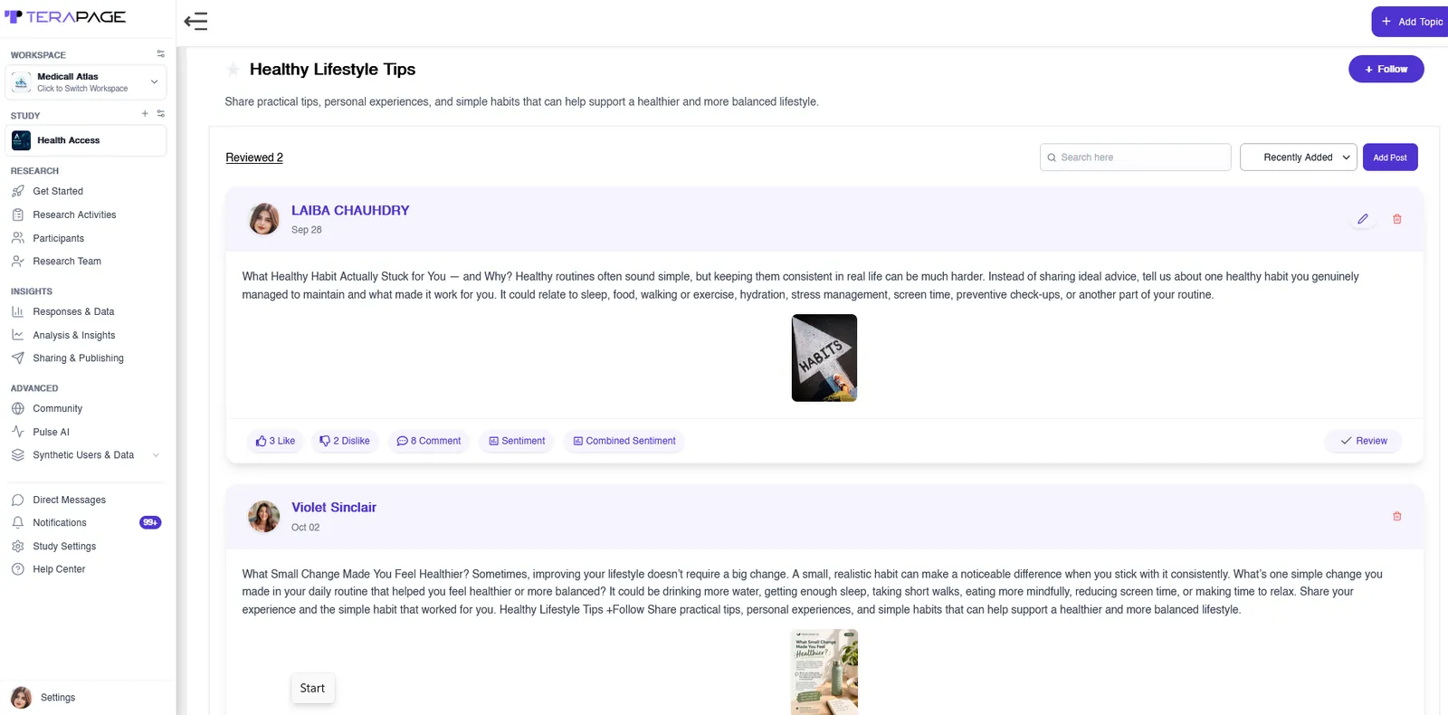 Discussion board in a long-term insight community with Sentiment and Combined Sentiment options on each post