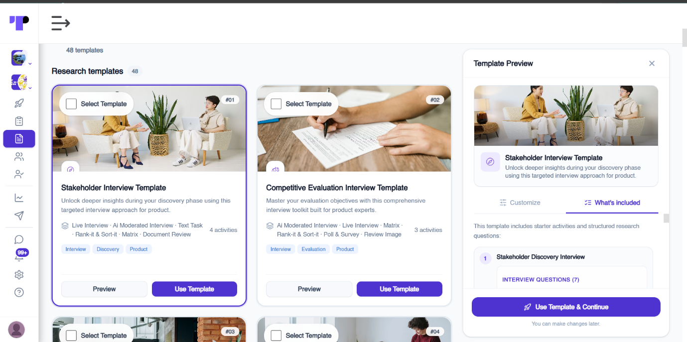 Interview-based research templates in Terapage with a stakeholder interview template preview and its included activities