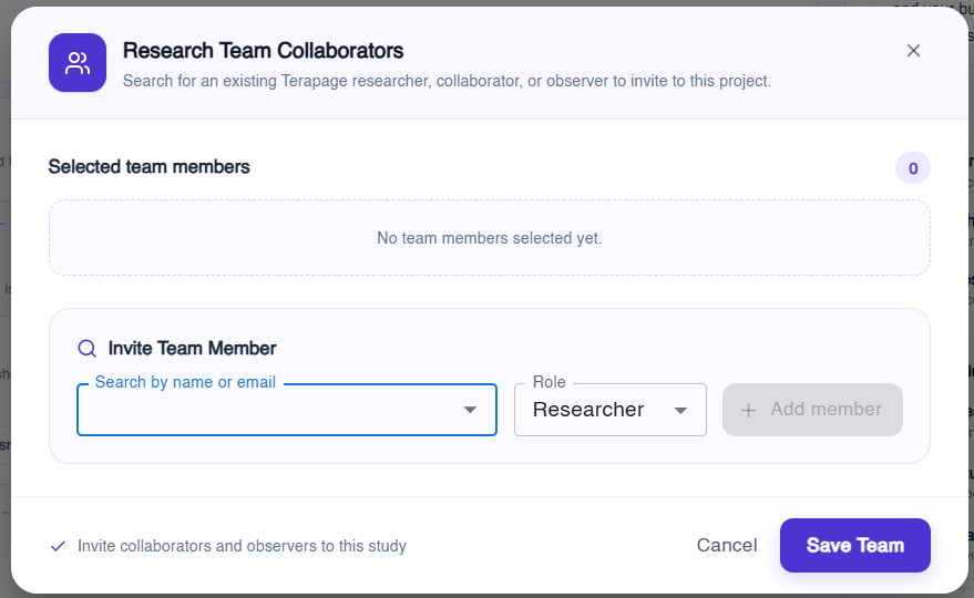 Research Team Collaborators dialog in Terapage to invite researchers, collaborators and observers to a study by name or email and role