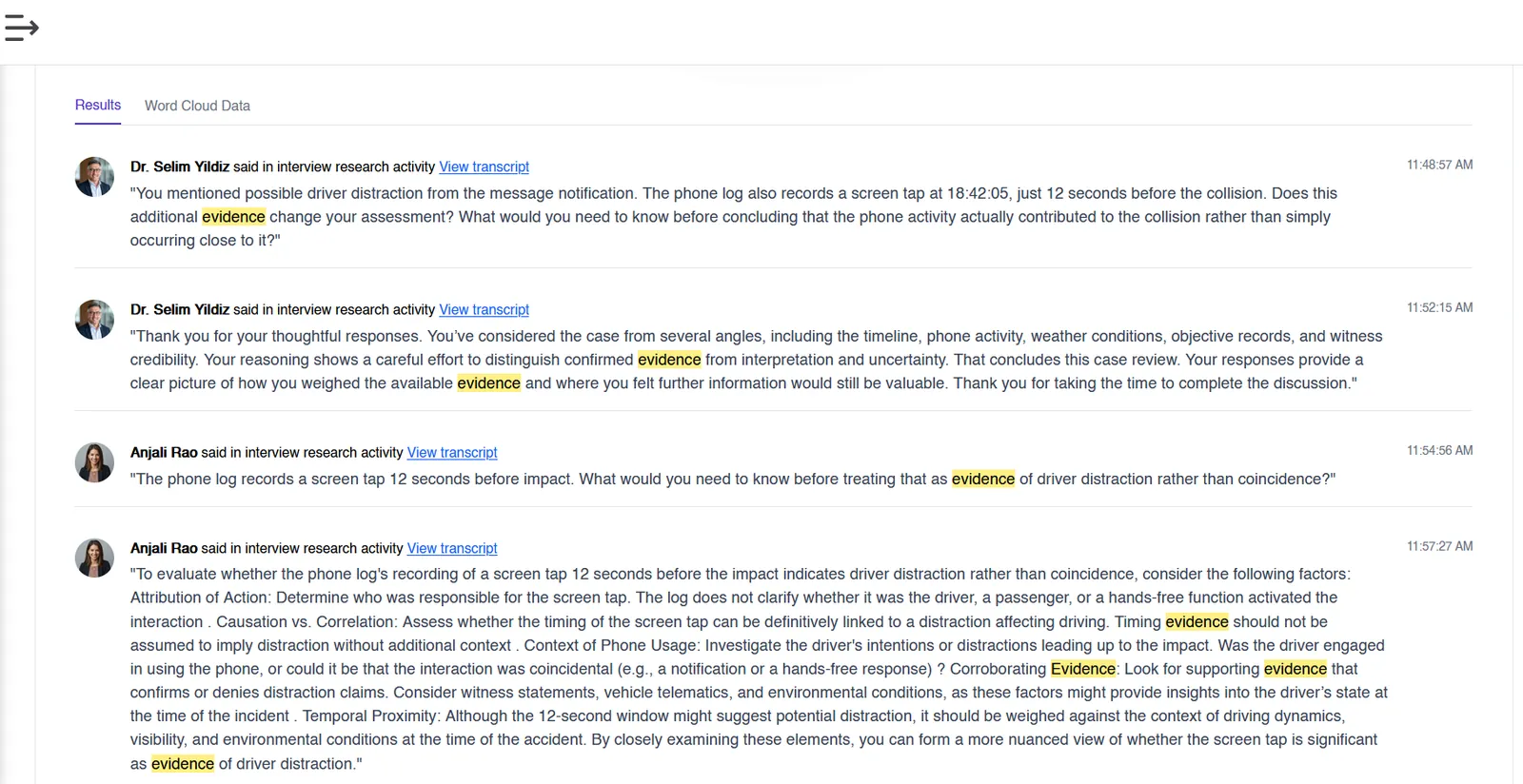 Keyword search tracing a term back to participant responses and transcripts