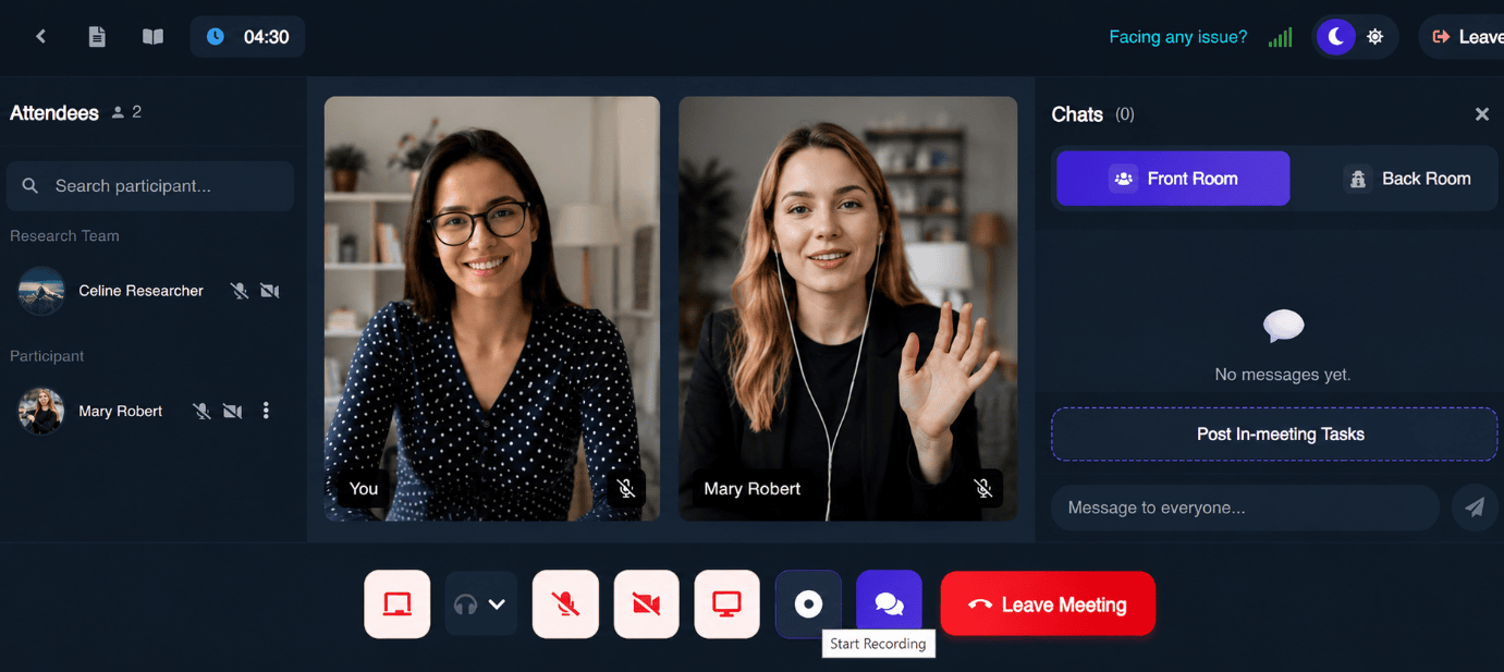 Live video in-depth interview with front-room and back-room chat for the research team