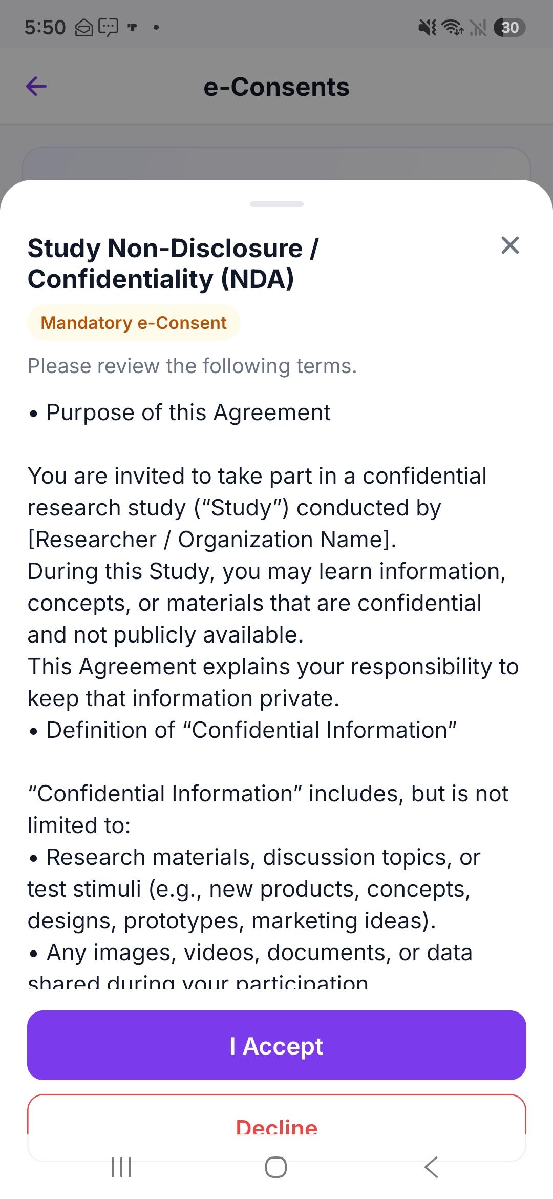 Mandatory study confidentiality e-consent on mobile that participants accept before an AI-moderated interview