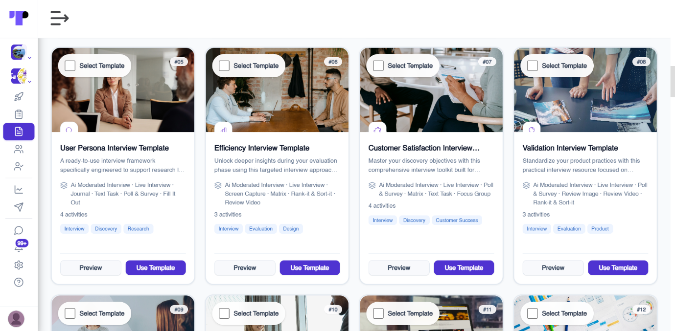 Market and customer research templates in Terapage including user persona, efficiency, customer satisfaction and validation interview templates