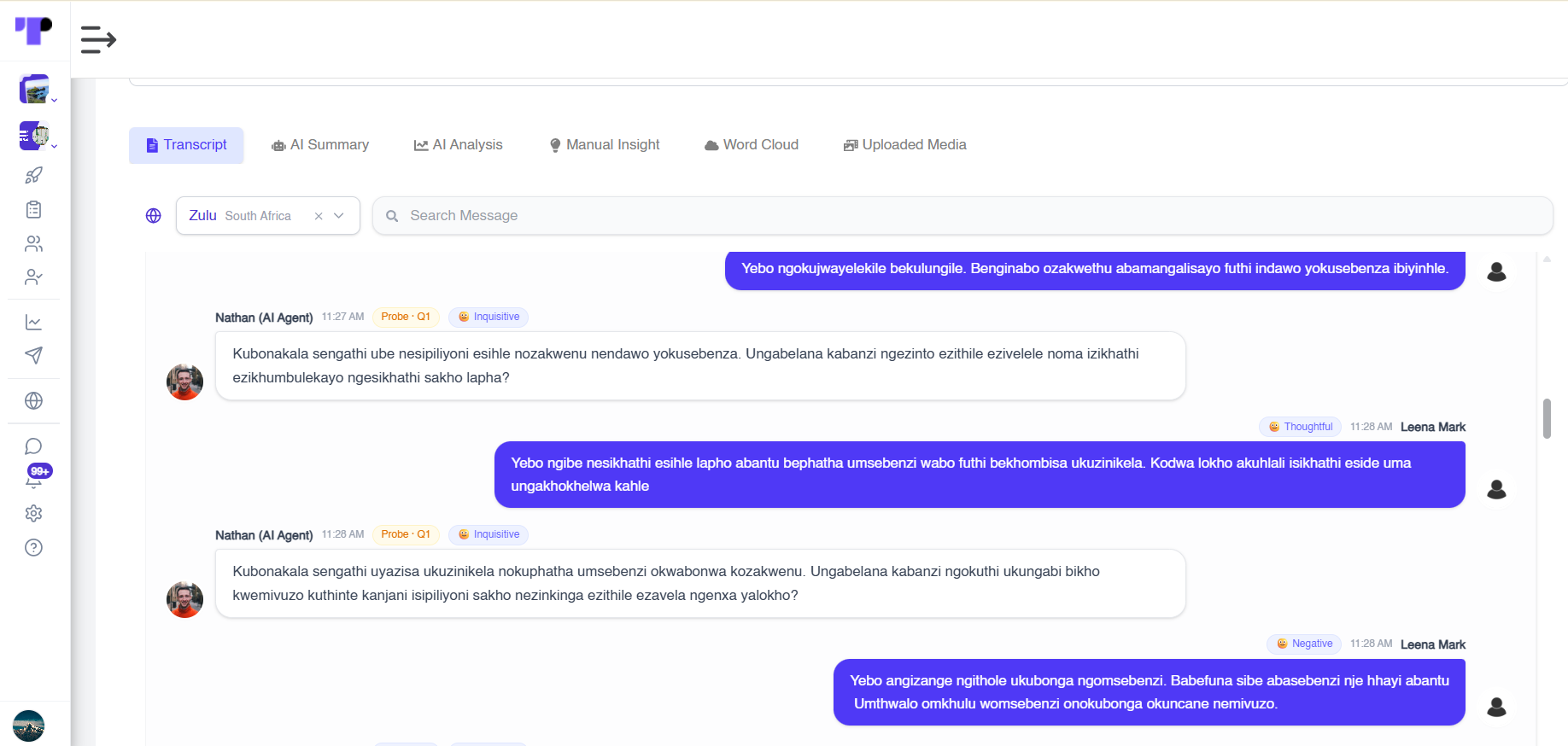 Multilingual transcript of an AI-moderated telephone interview