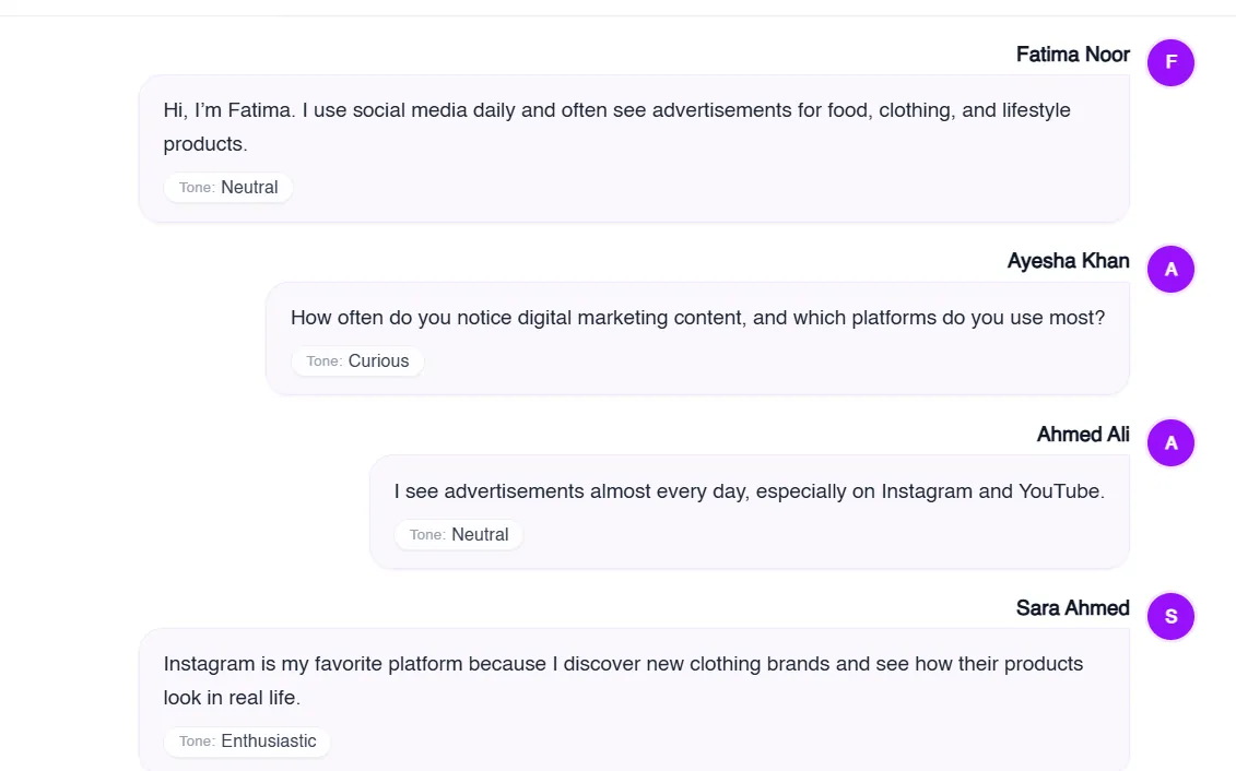 Online group discussion where each participant message is tagged with its tone, such as neutral, curious or enthusiastic