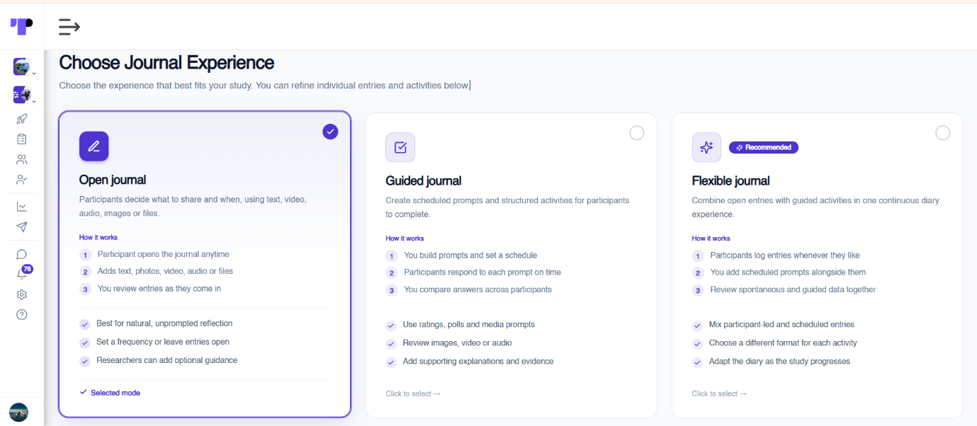 Choose Journal Experience screen in Terapage with the Open journal mode selected alongside Guided and Flexible journal options