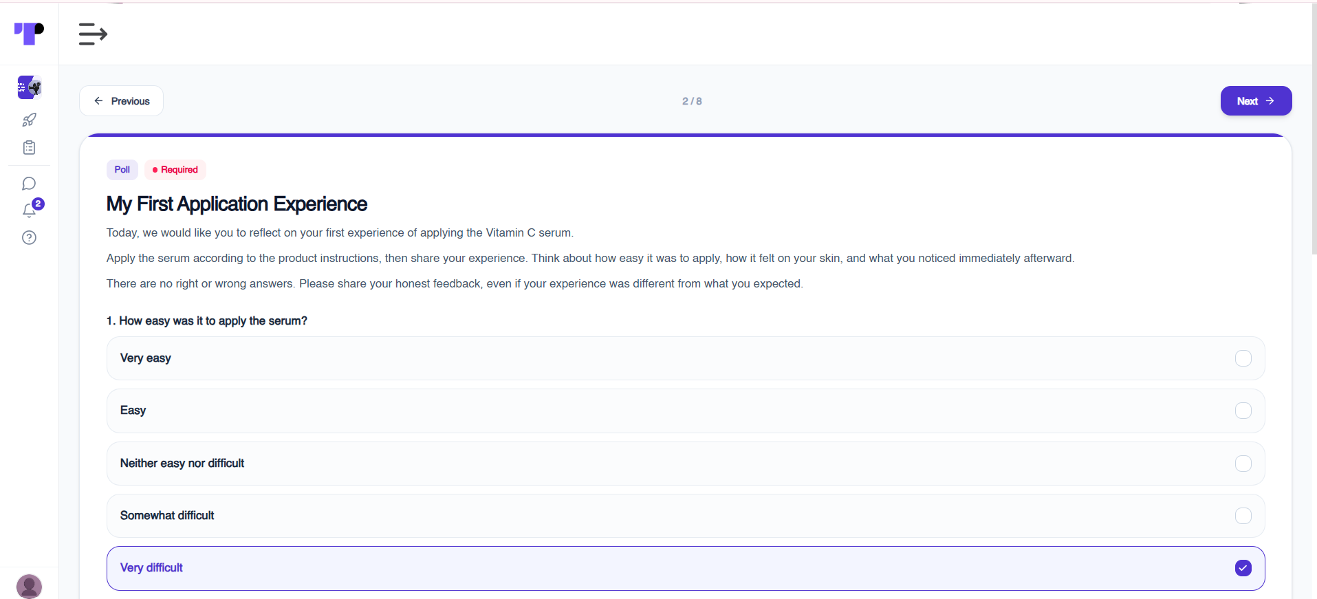 Participant answering a daily poll about first application of a vitamin C serum in a Terapage guided journal